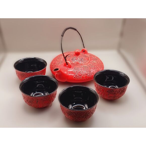 Wing Hop Fung Teas Gift Set Red and Black Roses Ceramic Tea Service for 4 - Picture 6 of 14